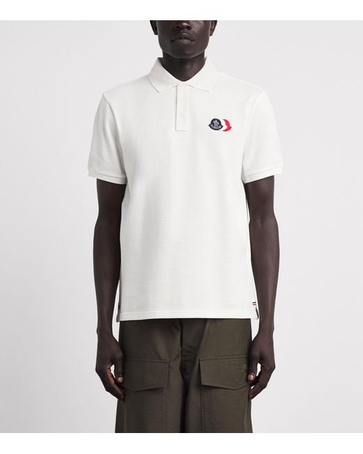 Moncler White Cotton Tri-Logo Patch Polo Shirt for men