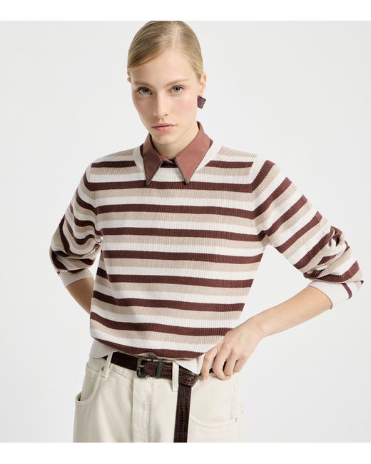 Brunello Cucinelli White Cotton Stripe Sweater