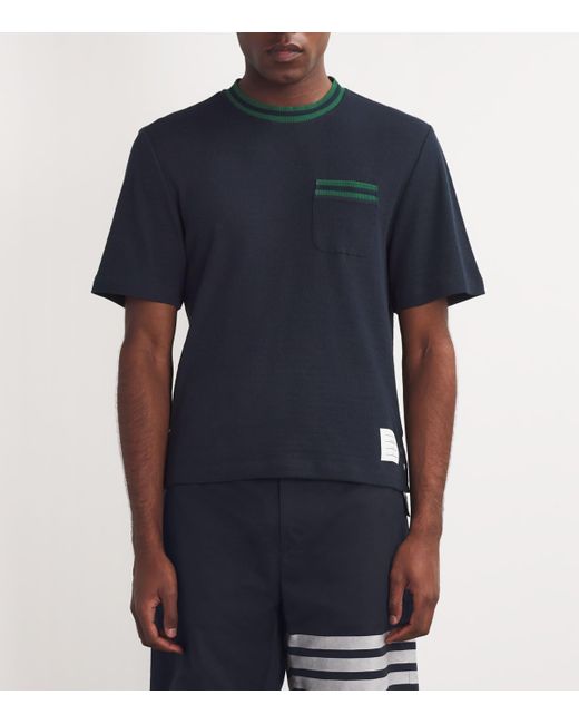 Thom Browne Blue Stripe-Trim T-Shirt for men