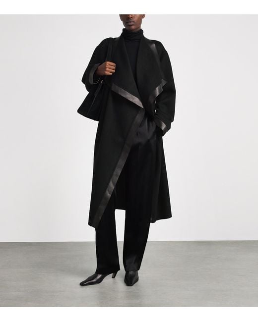 Lafayette 148 New York Black Cashmere Leather-Trim Wrap Coat