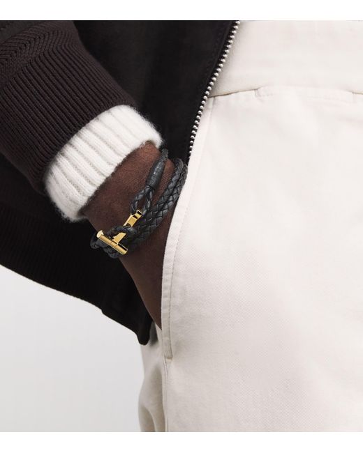 Tom Ford Black Leather Braided T Bracelet for men