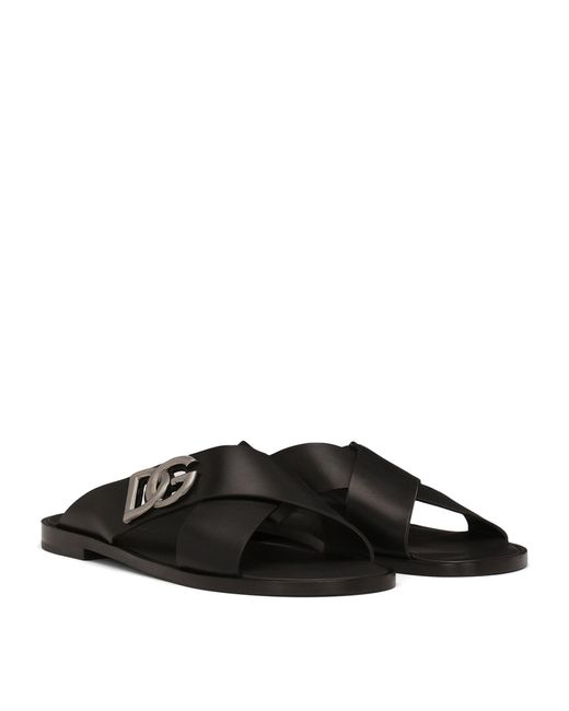 Dolce & Gabbana Black Leather Logo Cross-strap Sandals for men