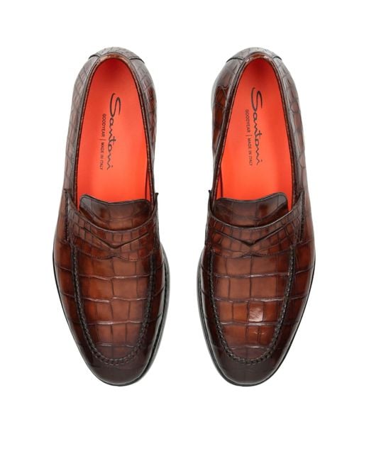 Santoni Brown Crocodile Leather Carlos Penny Loafers for men