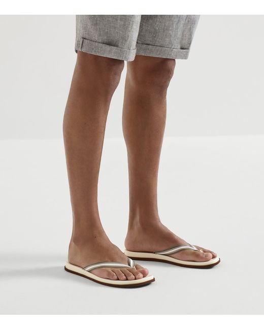Brunello Cucinelli White Leather Logo Flip Flops for men