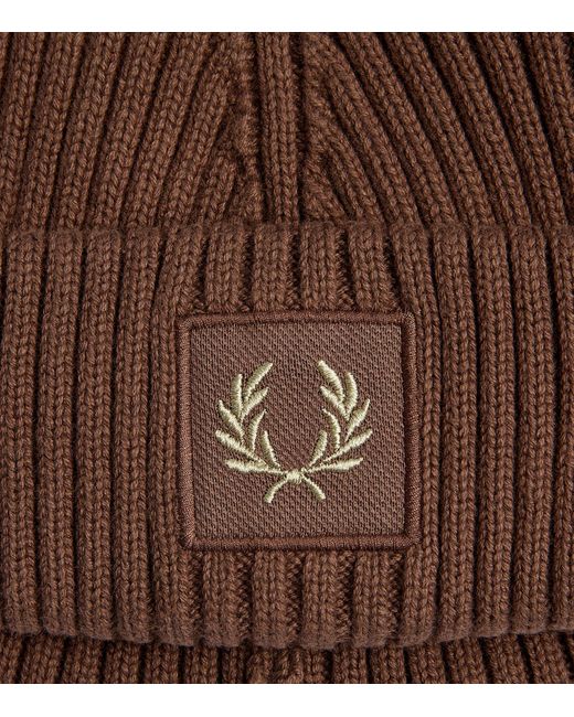 Fred Perry Brown Cotton Ribbed Logo Beanie for men