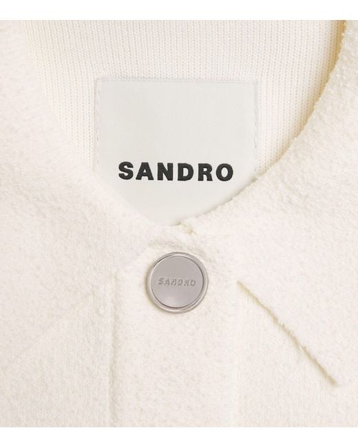 Sandro White Bouclé Denim-Trim Cardigan