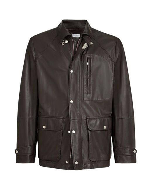 Brunello Cucinelli Black Leather Field Jacket for men