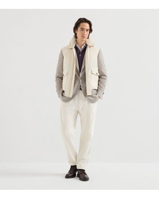 Brunello Cucinelli White Waxed Shearling-Collar Gilet for men