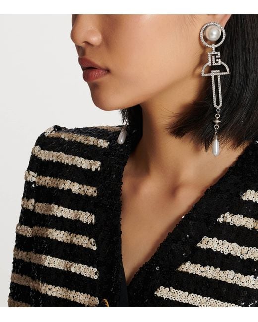 Balmain White Art Deco Clip-On Earrings