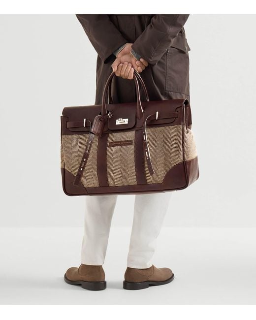 Brunello Cucinelli Brown Leather-Trim Chevron Holdall for men