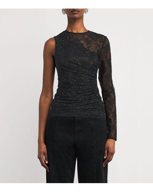 Self-Portrait Black Rhinestone-Lace One-Shoulder Top