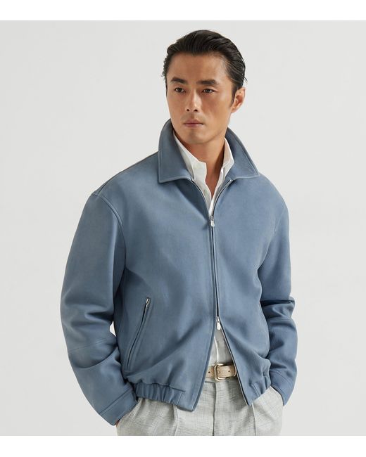Brunello Cucinelli Blue Nubuck Leather Zip-Up Jacket for men