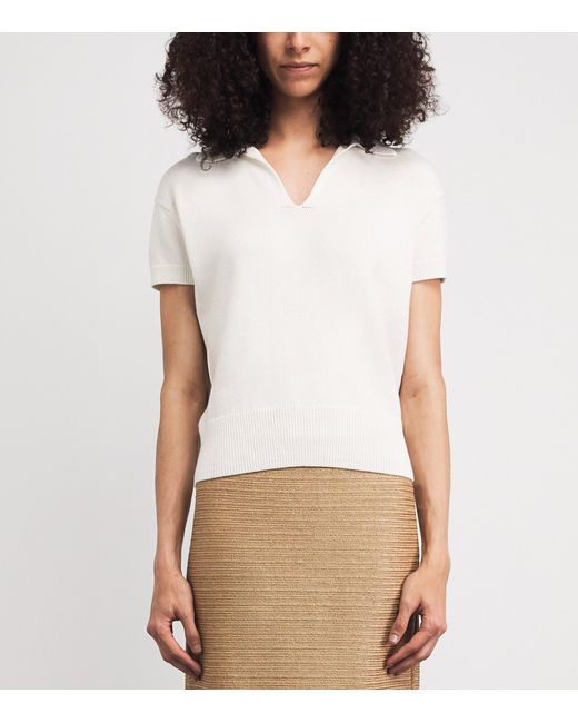 Lafayette 148 New York White Cotton-Silk Open-Collar Polo Shirt
