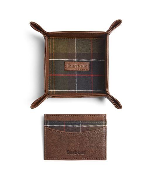 Barbour Brown Leather Valet Tray And Card Holder Gift Set for men
