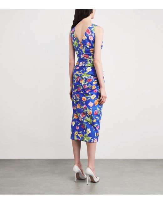 Carolina Herrera Blue Poppy Print Sleeveless Midi Dress