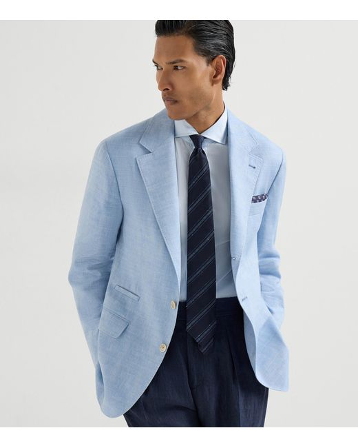 Brunello Cucinelli Blue Linen-Wool Deconstructed Blazer for men
