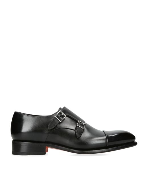 Santoni Black Leather Carter Double Monk Shoes for men