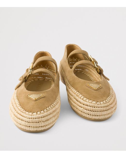Prada Natural Leather And Raffia Ballet Flats
