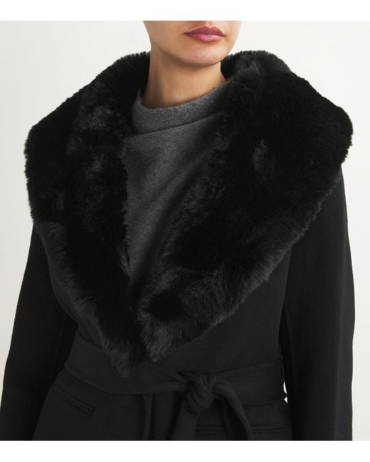 Maje Black Wool-Blend Faux Fur-Collar Coat