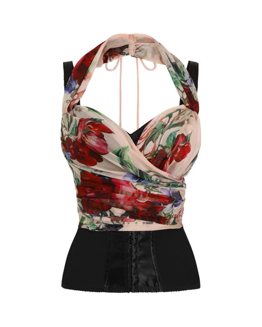 Dolce & Gabbana Red Floral Print Corset Top