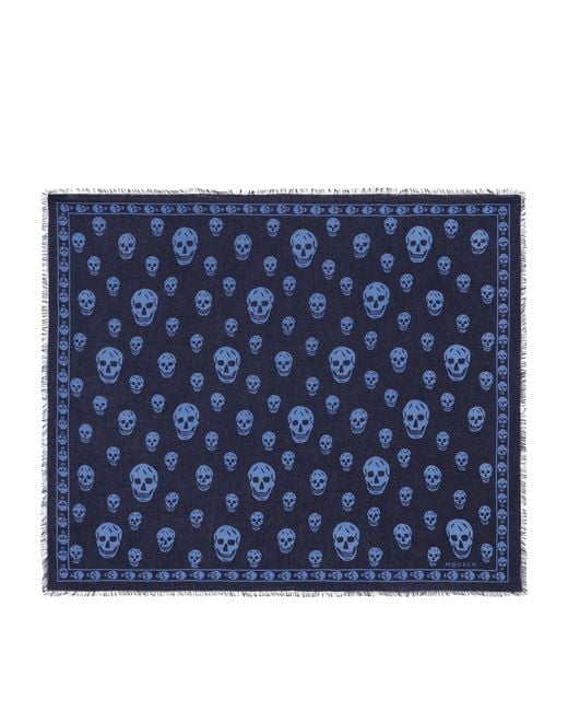McQueen Blue Modal-Silk Skull Scarf for men
