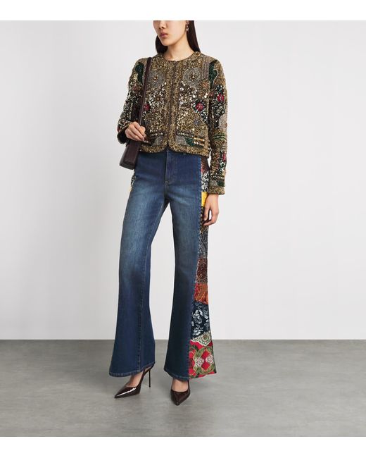Alice + Olivia Blue Stretch-Denim Patchwork Flare Sb Jeans