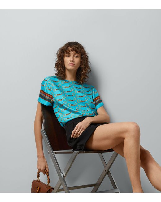 Gucci Blue Silk Horsebit And Harness Print Top