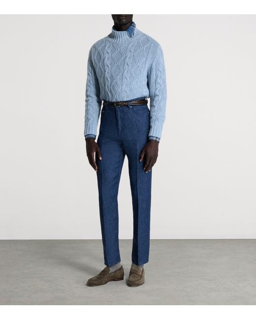 Dunhill Blue Cashmere-Blend Aran Cable-Knit Sweater for men