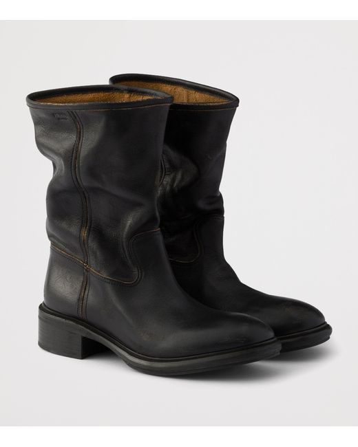 Prada Black Leather Vintage-Effect Mid-Calf Boots 30