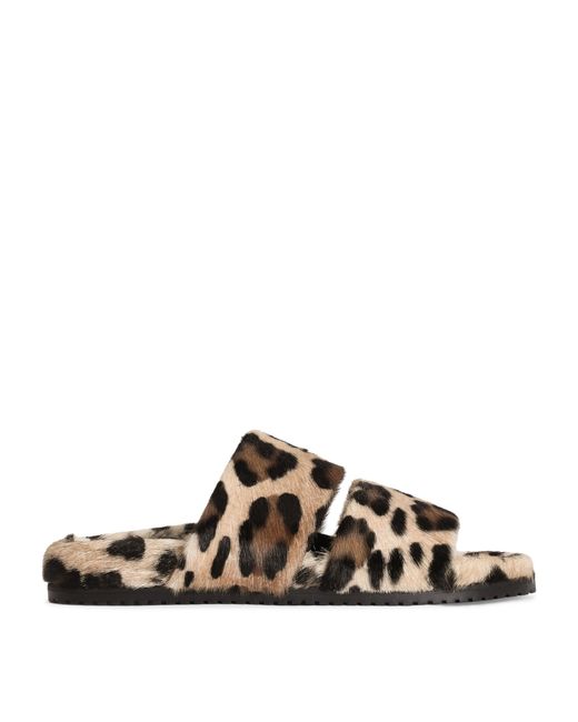 Dolce & Gabbana Brown Leather Leopard Print Slides for men