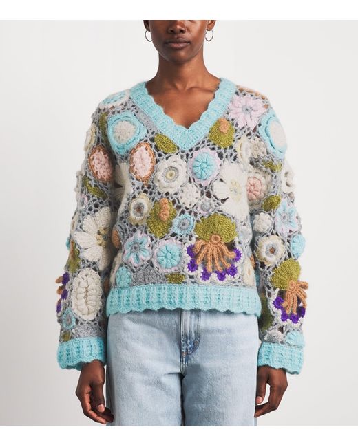 Ganni Blue Mohair-Blend Dreamy Floral Sweater
