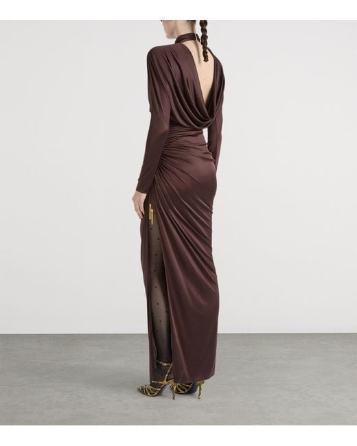 Balmain Brown Draped Long-Sleeve Maxi Dress