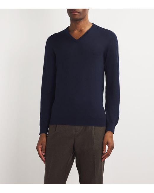 Johnstons Blue Superfine Cashmere V-Neck Sweater for men