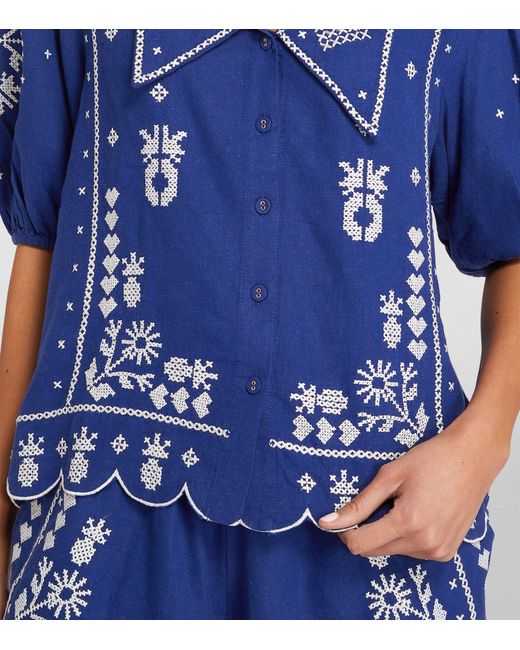 Farm Rio Blue Linen-blend Embroidered Shirt