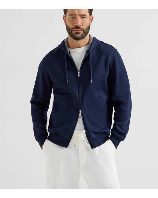 Brunello Cucinelli Blue French Terry Zip-Up Hoodie for men