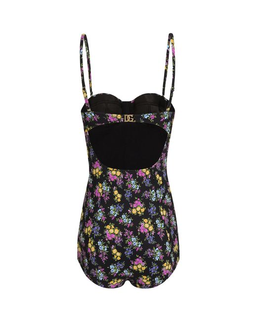 Dolce & Gabbana Black Floral Dg Logo Swimsuit