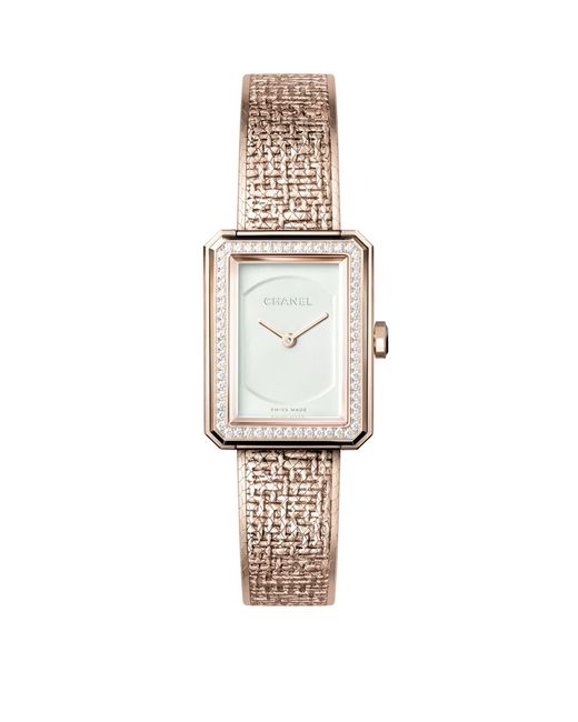 Chanel White Small Beige Gold And Diamond Boy·friend Tweed Watch 27.9mm
