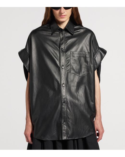 Balenciaga Black Leather Tucked-Sleeve Shirt