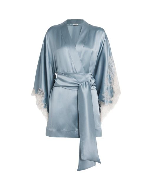 Carine Gilson Blue Silk Lace-Trim Short Kimono Robe
