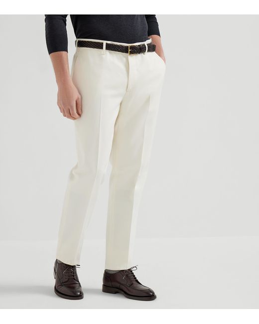 Brunello Cucinelli White Cotton-Virgin Wool Gabardine Italian Trousers for men