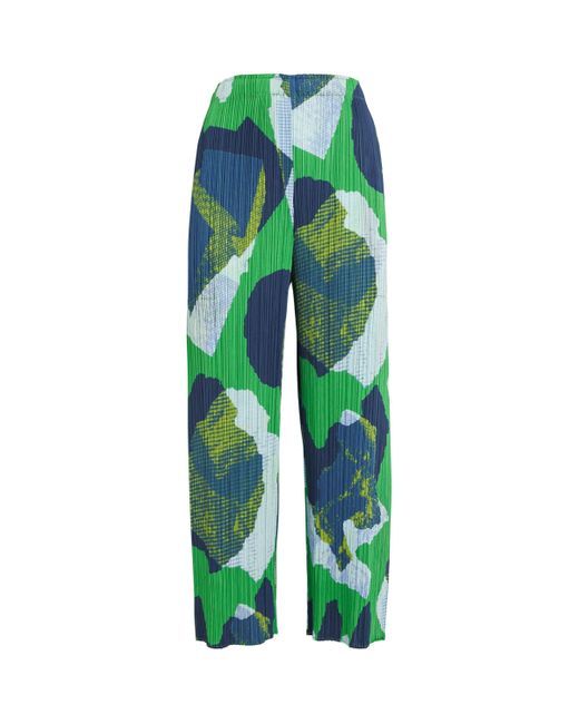 Pleats Please Issey Miyake Green Pleated Meteorite Wide-Leg Trousers