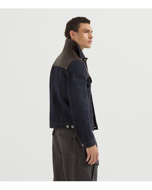 Brunello Cucinelli Black Leather-Trim Denim Jacket for men