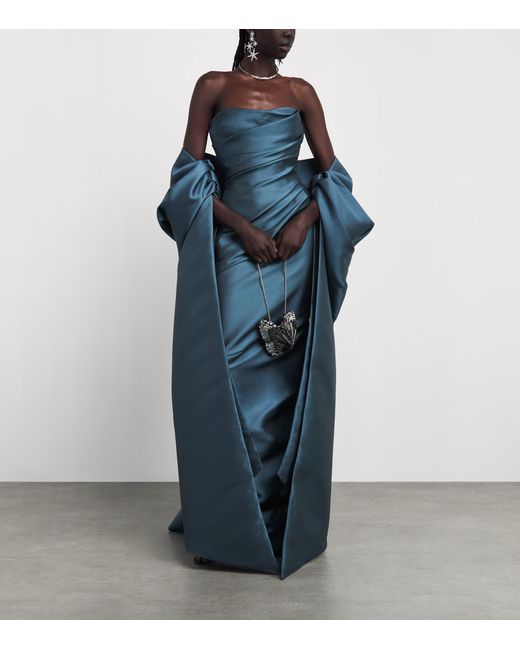 Marmar Halim Blue Satin Cape Column Gown