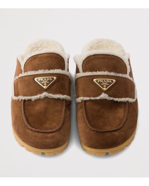 Prada Brown Suede Shearling-Lined Mules