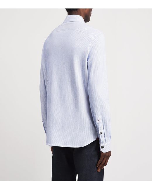 Isaia Blue Cotton-Linen Stripe Overshirt for men