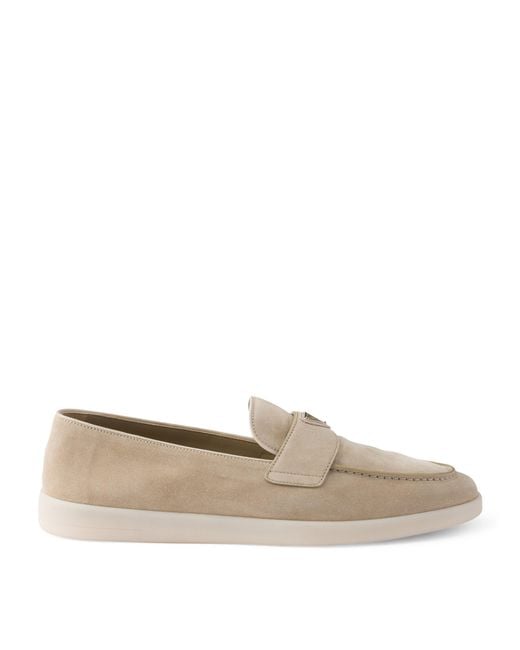 Prada Natural Suede Triangle Loafers for men
