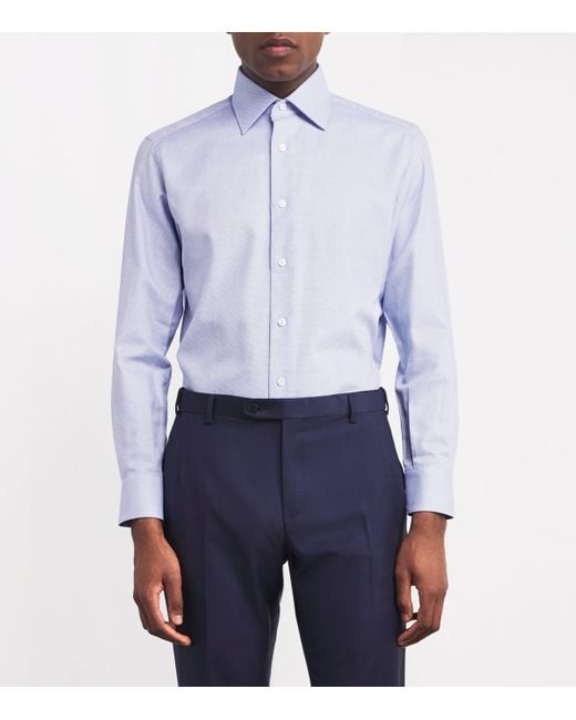 Brioni Blue Cotton Micro-Houndstooth Shirt for men