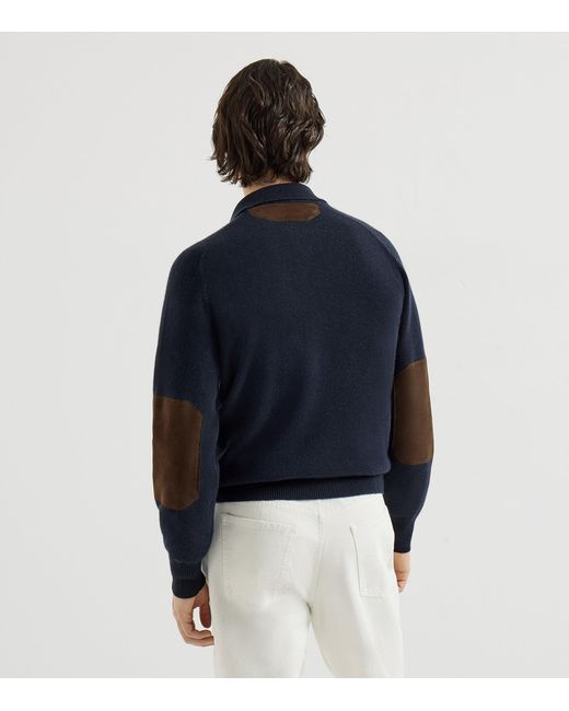 Brunello Cucinelli Blue Cashmere Suede-Trim Cardigan for men