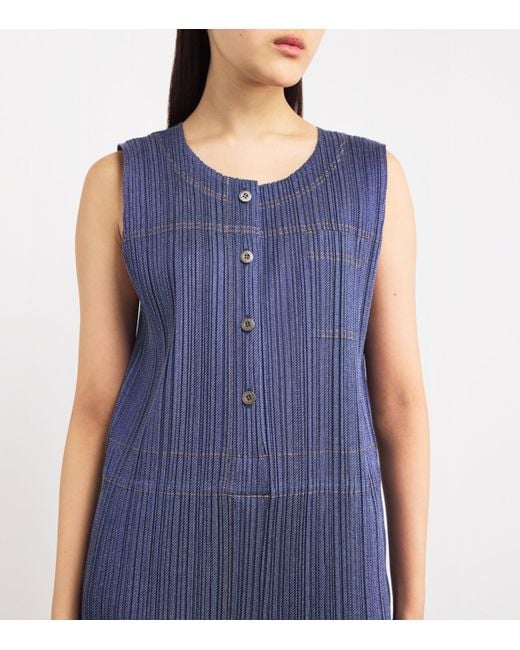 Pleats Please Issey Miyake Blue Short-Sleeve Cotton Denim Jumpsuit