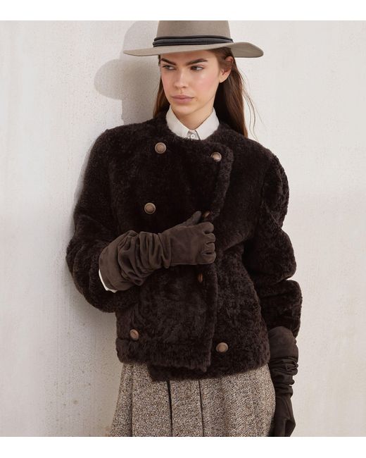 Brunello Cucinelli Black Shearling-Leather Reversible Pea Coat